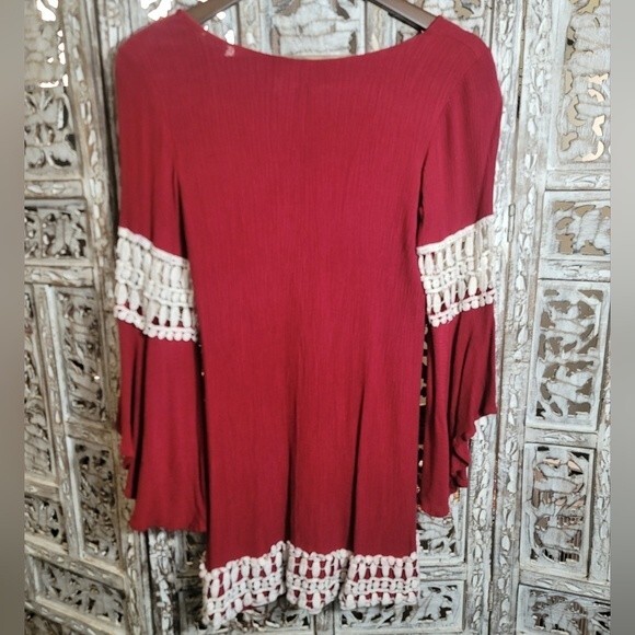 Entro Womens Burgundy Bohemian Long Bell Sleeve Dress with Crochet Accent Detail - Picture 4 of 16